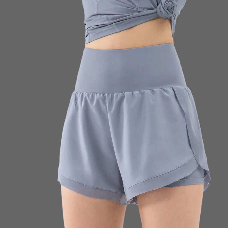 Femme Short de Sport 2-en-1 Taille Haute avec Poches