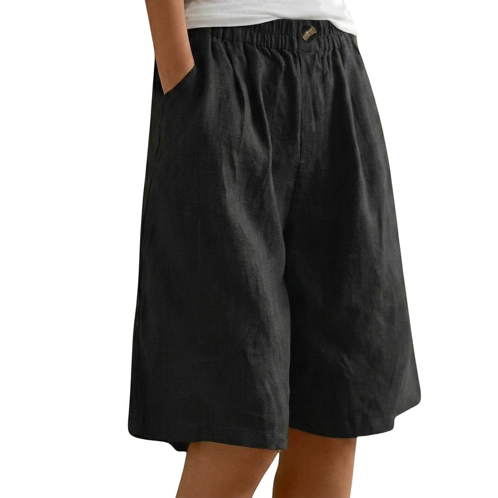 Femme Short Large à Ceinture Élastique avec Bouton et Poches Latérales