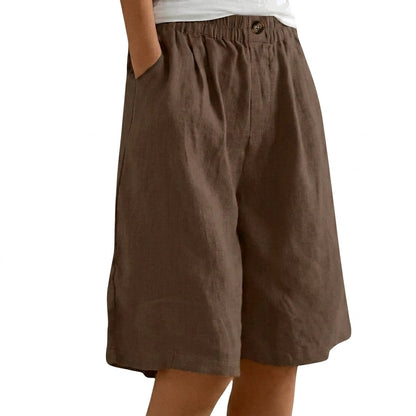 Femme Short Large à Ceinture Élastique avec Bouton et Poches Latérales