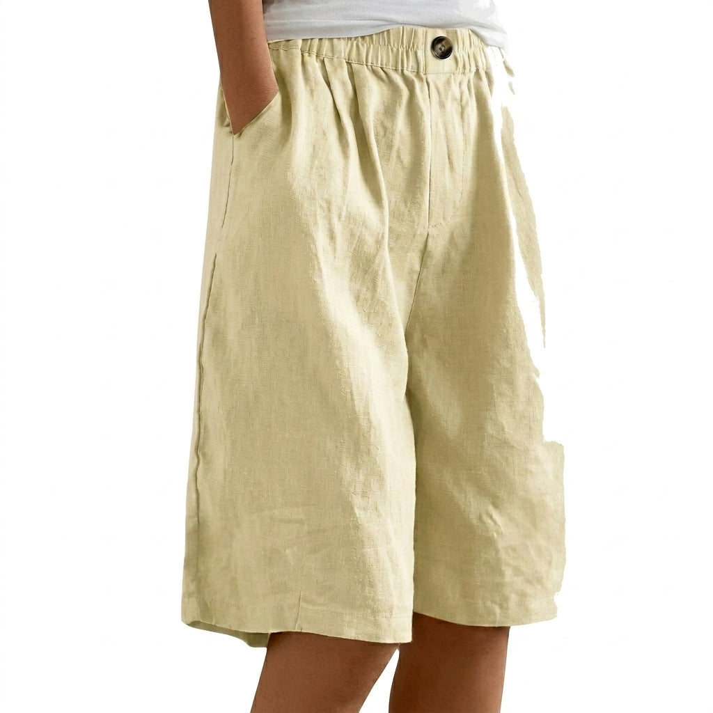 Femme Short Large à Ceinture Élastique avec Bouton et Poches Latérales