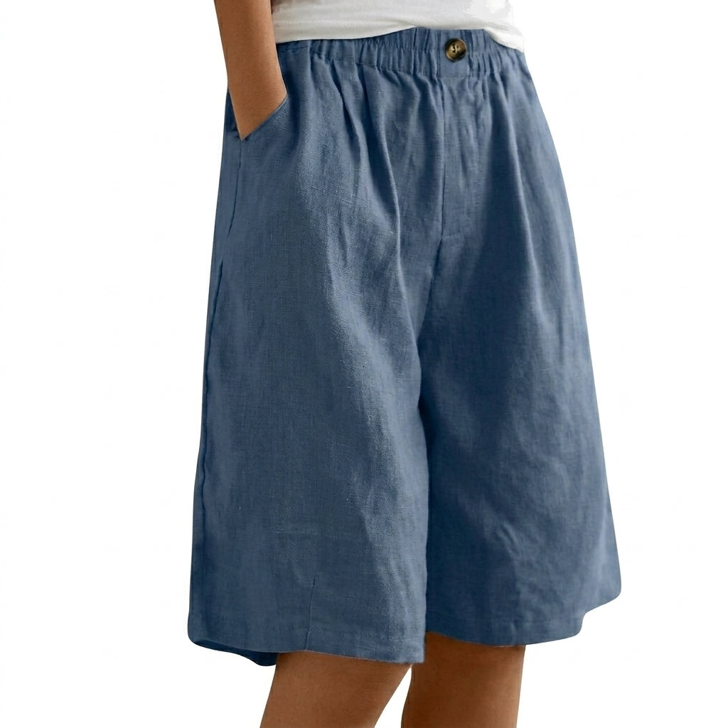Femme Short Large à Ceinture Élastique avec Bouton et Poches Latérales
