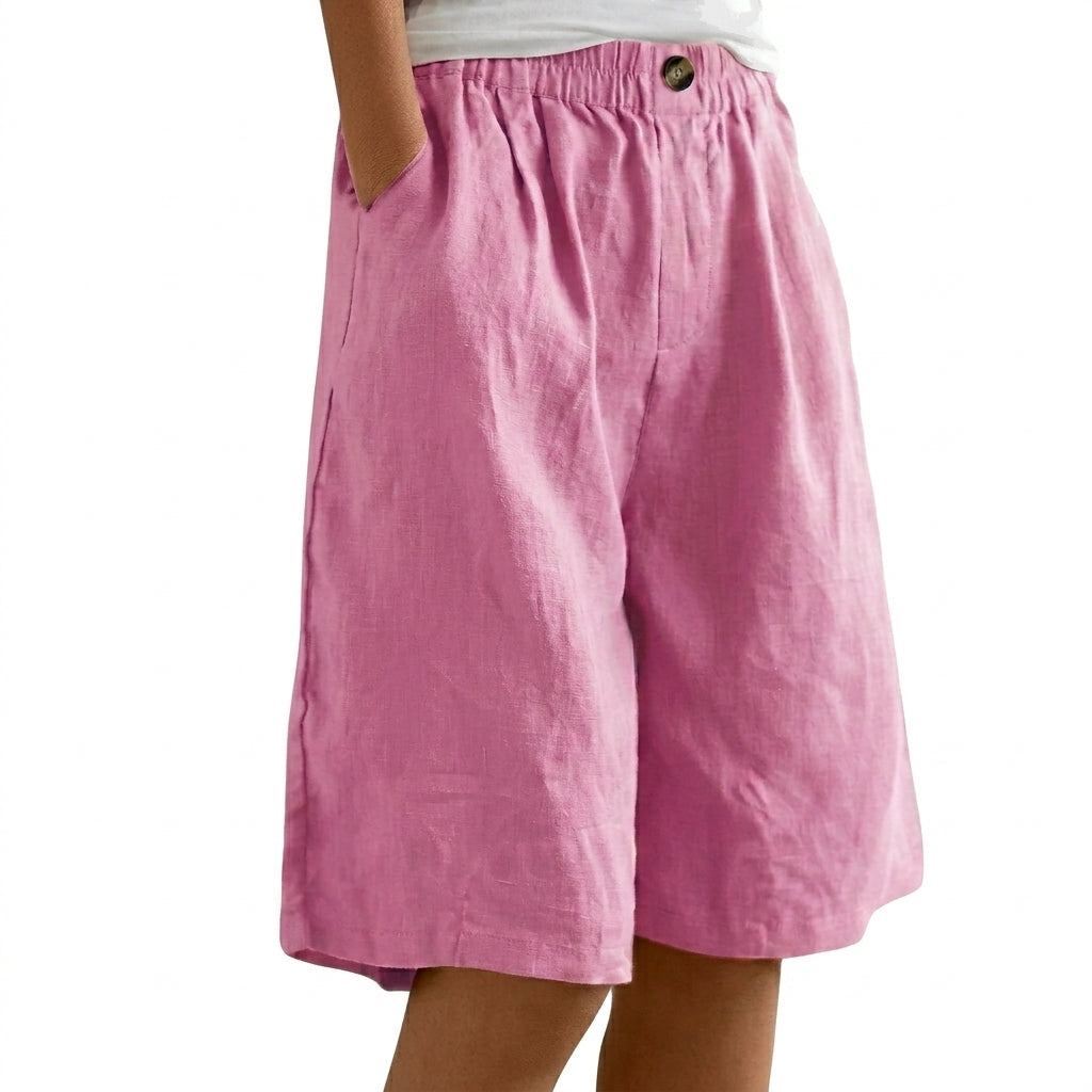 Femme Short Large à Ceinture Élastique avec Bouton et Poches Latérales