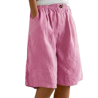 Femme Short Large à Ceinture Élastique avec Bouton et Poches Latérales