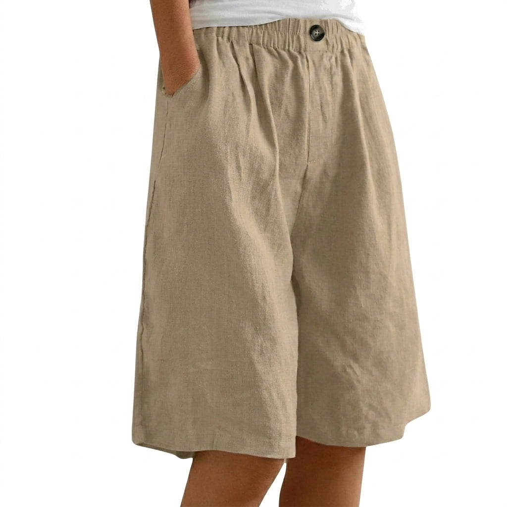 Femme Short Large à Ceinture Élastique avec Bouton et Poches Latérales