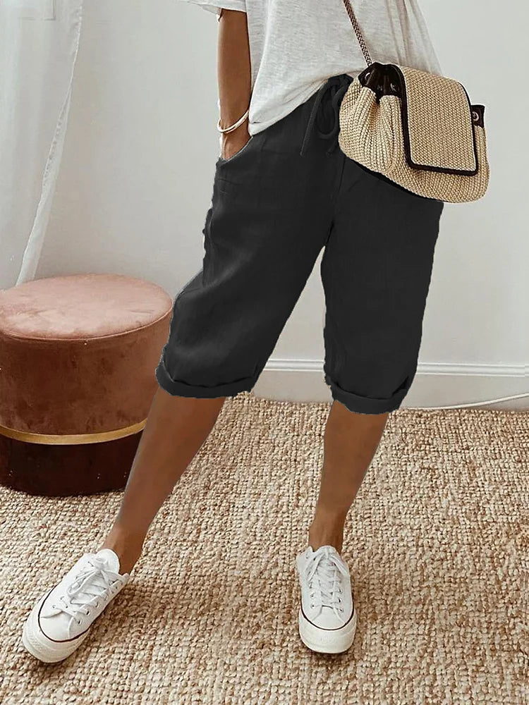 Femme Short Trois-Quarts Taille Élastique avec Poches et Cordon