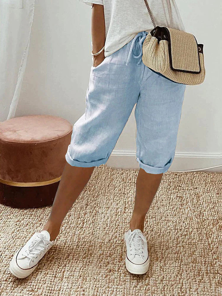 Femme Short Trois-Quarts Taille Élastique avec Poches et Cordon