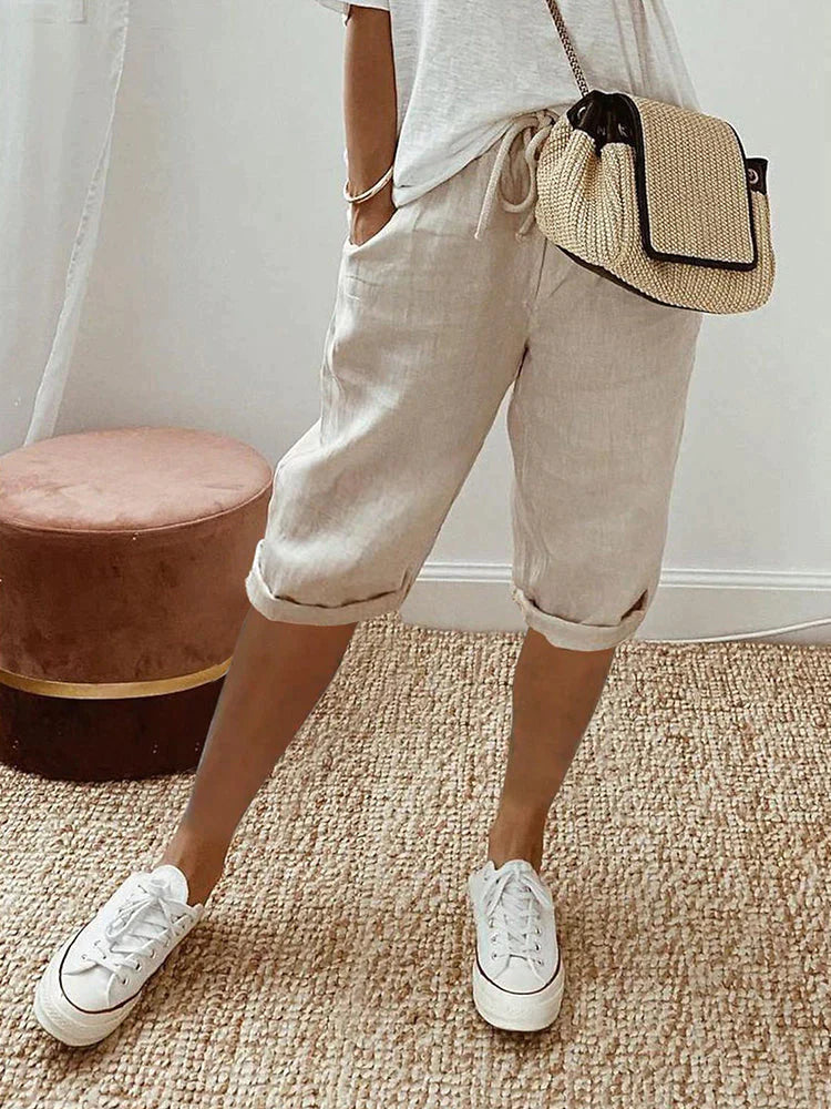Femme Short Trois-Quarts Taille Élastique avec Poches et Cordon