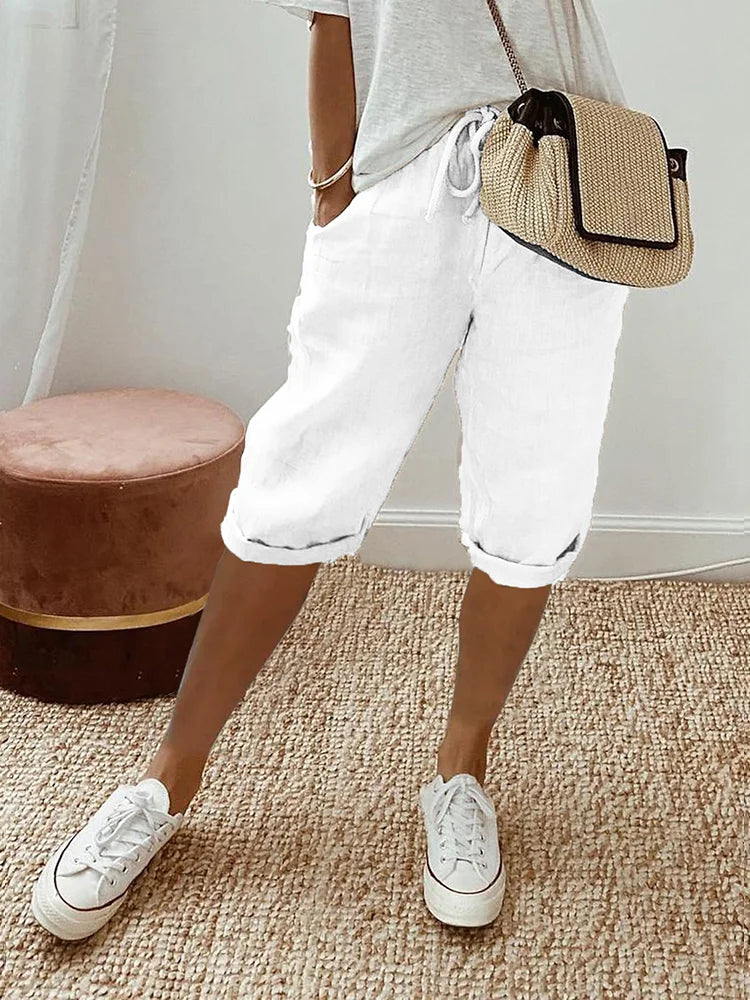 Femme Short Trois-Quarts Taille Élastique avec Poches et Cordon
