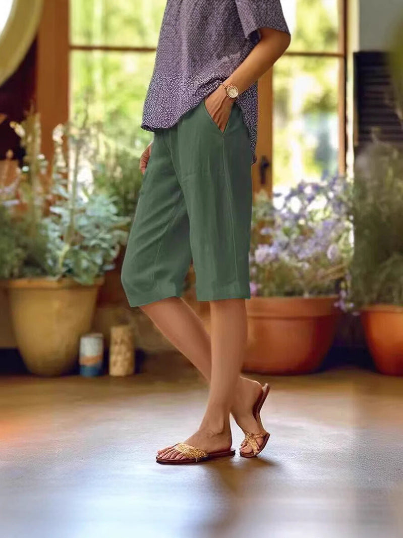 Femme Short Trois-Quarts Taille Élastique avec Poches Latérales