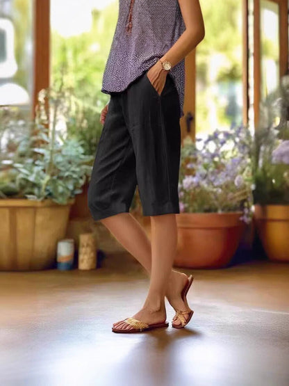 Femme Short Trois-Quarts Taille Élastique avec Poches Latérales