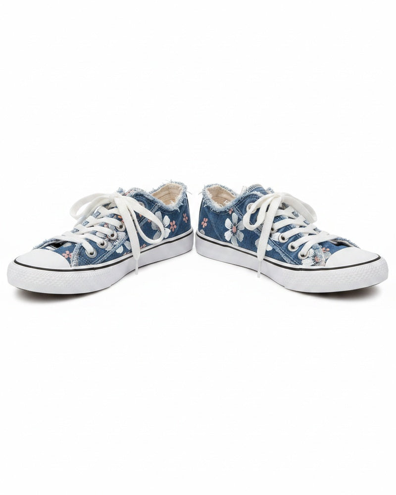 Femme Sneakers à Lacets avec Imprimé Floral et Bord Effiloché
