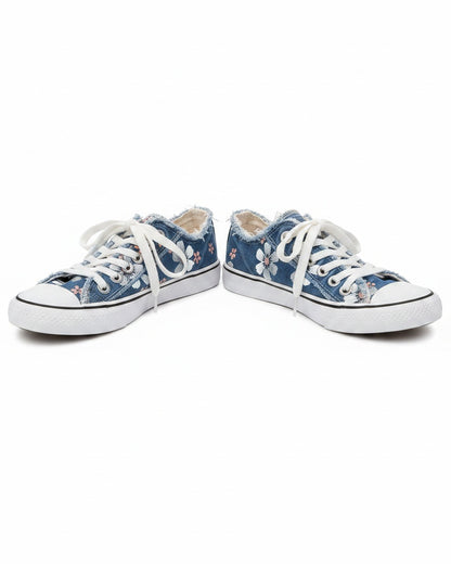 Femme Sneakers à Lacets avec Imprimé Floral et Bord Effiloché