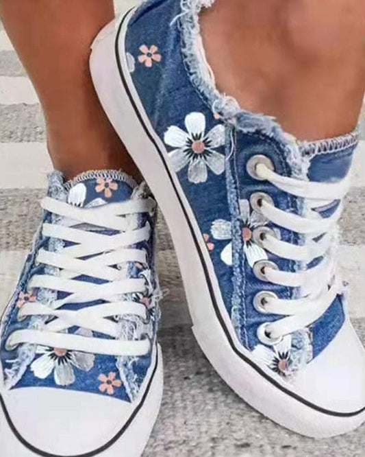 Femme Sneakers à Lacets avec Imprimé Floral et Bord Effiloché