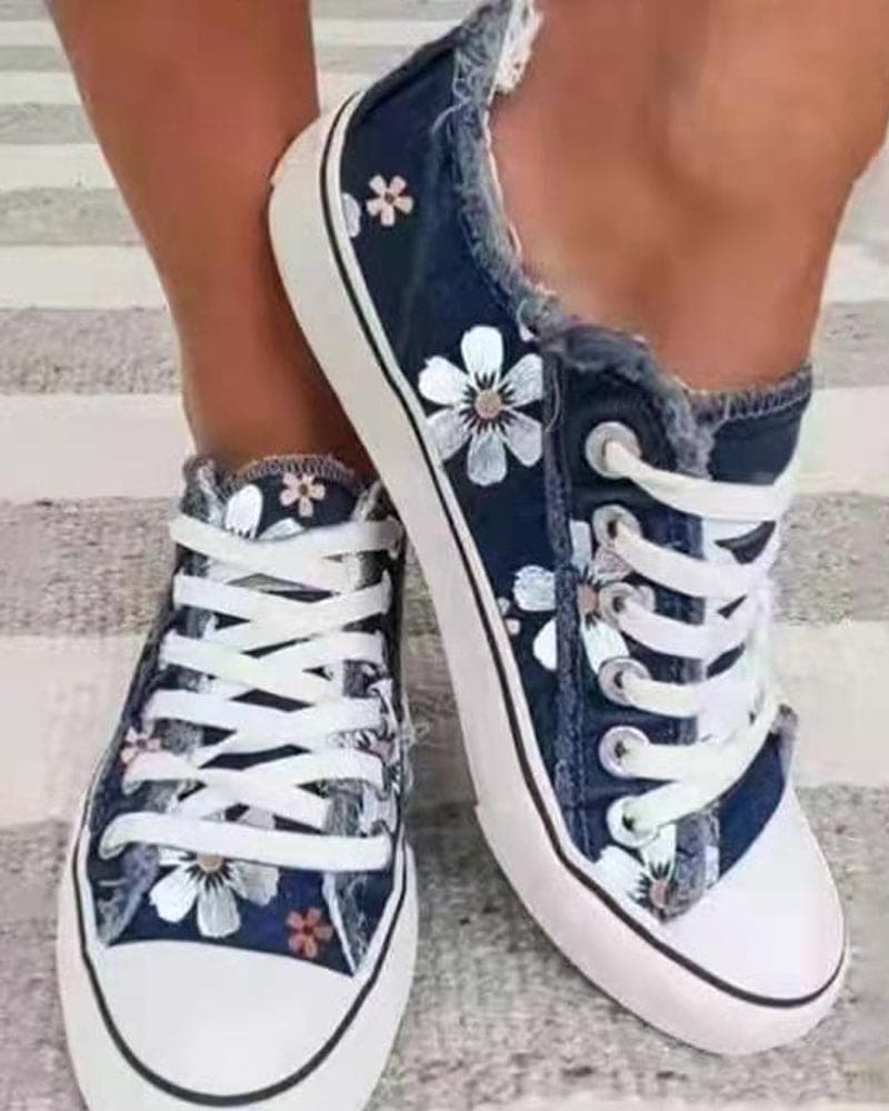 Femme Sneakers à Lacets avec Imprimé Floral et Bord Effiloché