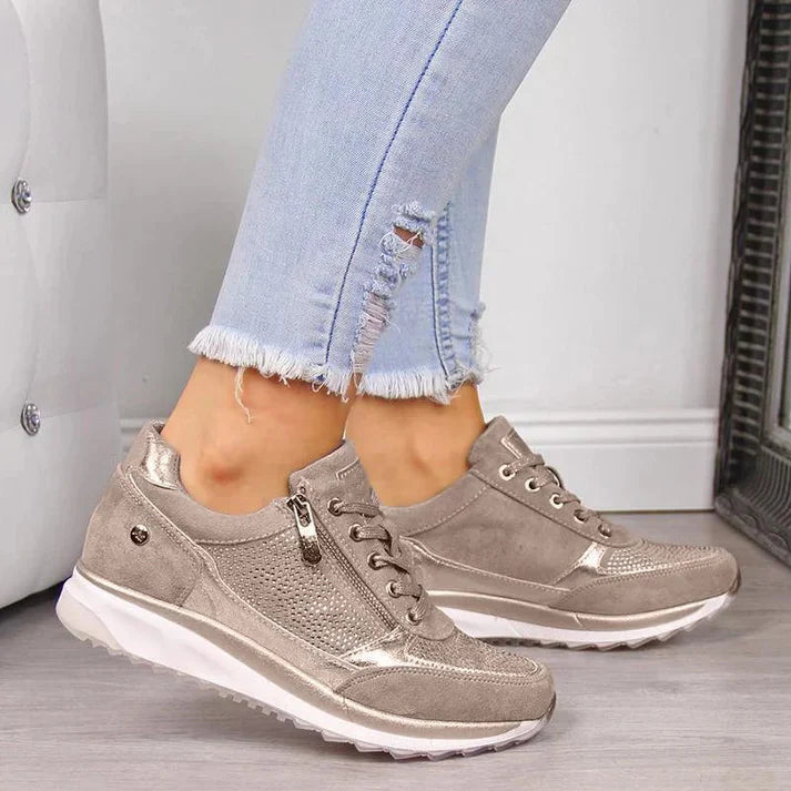 Femme Sneakers à Lacets avec Zip Latéral et Semelle Compensée