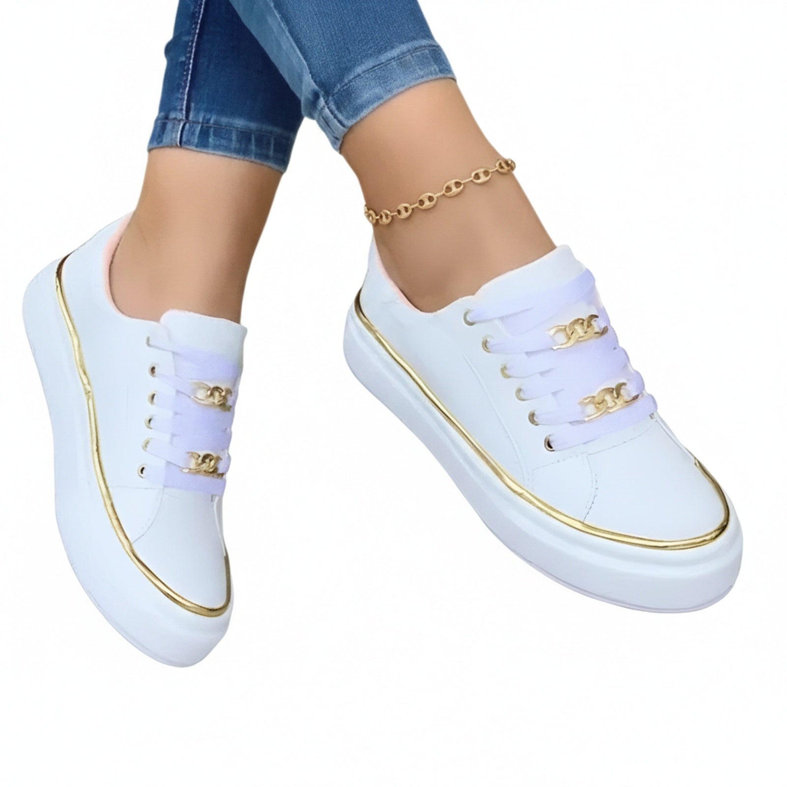 Femme Sneakers à Plateforme avec Chaîne Dorée et Lacets