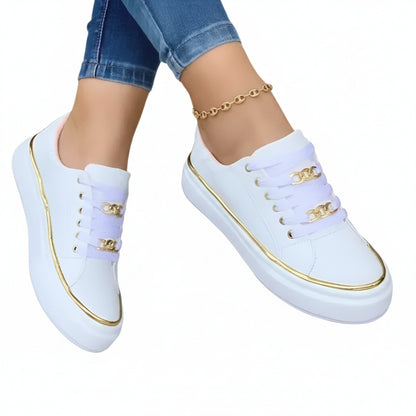 Femme Sneakers à Plateforme avec Chaîne Dorée et Lacets