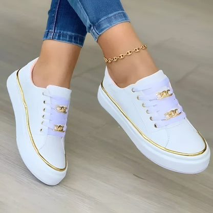 Femme Sneakers à Plateforme avec Chaîne Dorée et Lacets