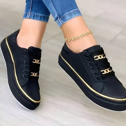 Femme Sneakers à Plateforme avec Chaîne Dorée et Lacets