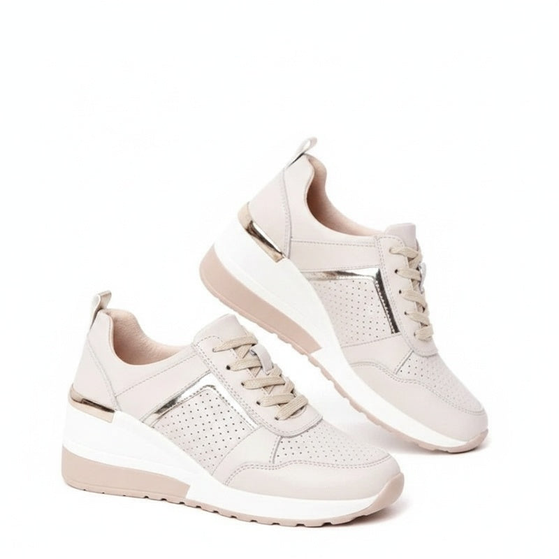 Femme Sneakers à Semelle Compensée avec Lacets et Détails Métallisés