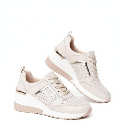 Femme Sneakers à Semelle Compensée avec Lacets et Détails Métallisés