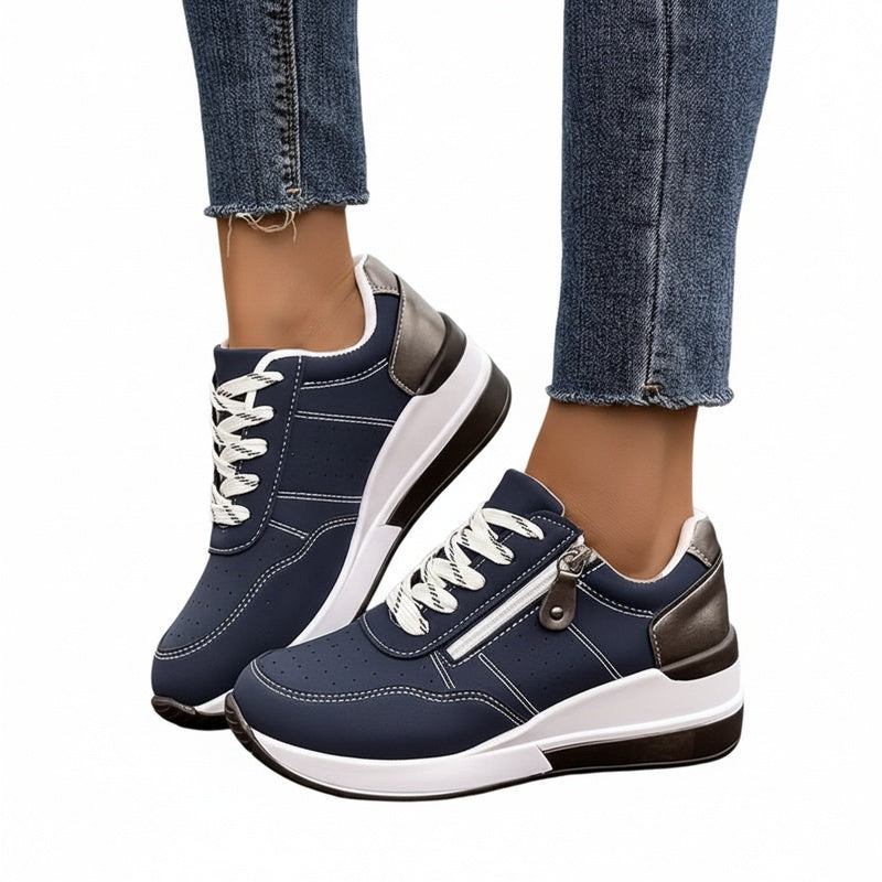 Femme Sneakers à Semelle Compensée avec Lacets et Fermeture Éclair Latérale