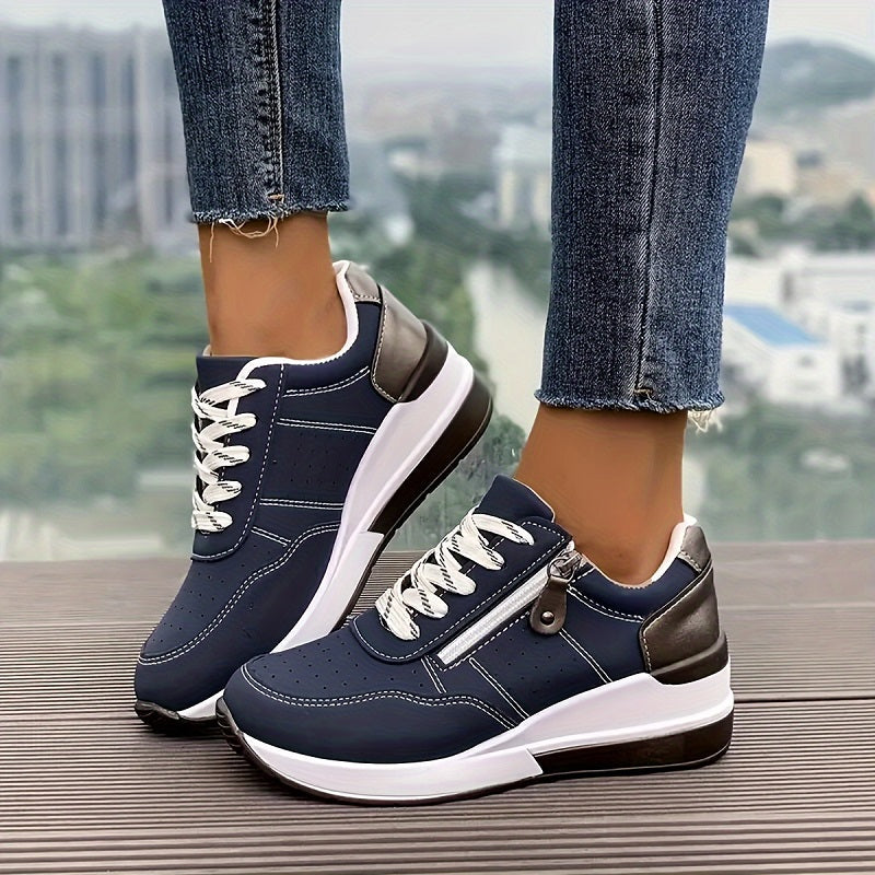 Femme Sneakers à Semelle Compensée avec Lacets et Fermeture Éclair Latérale