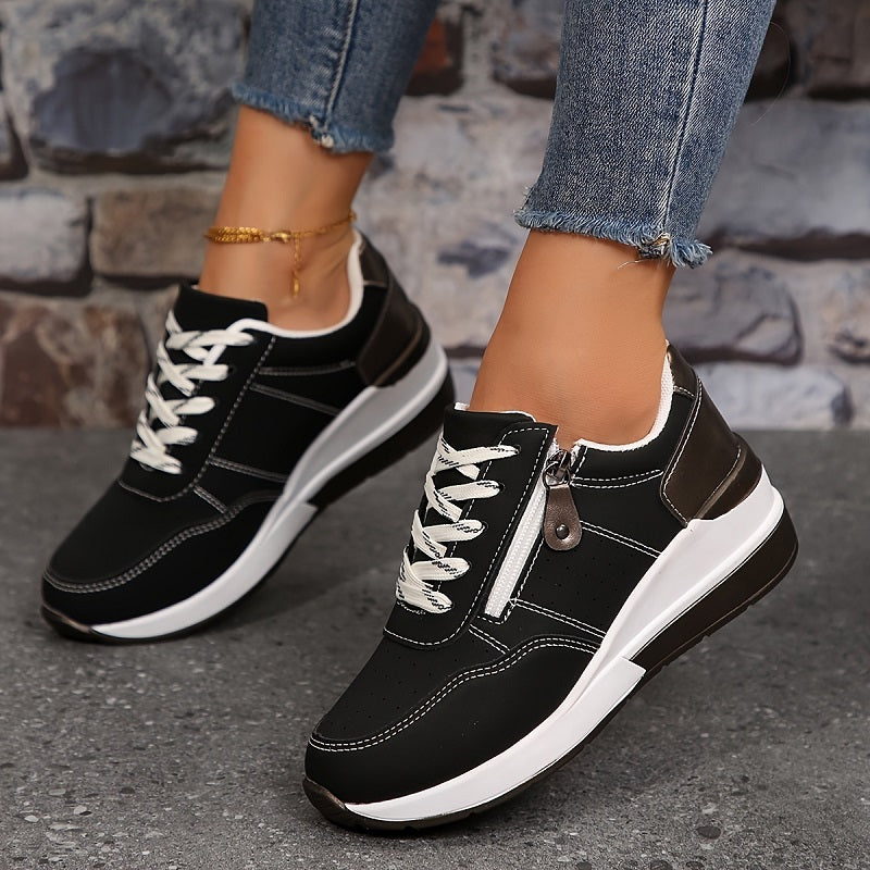 Femme Sneakers à Semelle Compensée avec Lacets et Fermeture Éclair Latérale