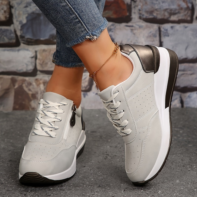 Femme Sneakers à Semelle Compensée avec Lacets et Fermeture Éclair Latérale