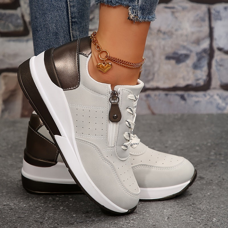 Femme Sneakers à Semelle Compensée avec Lacets et Fermeture Éclair Latérale