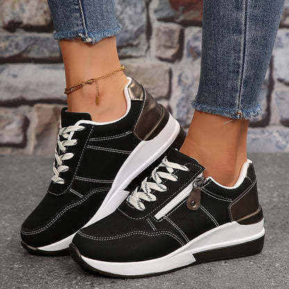 Femme Sneakers à Semelle Compensée avec Lacets et Fermeture Éclair Latérale