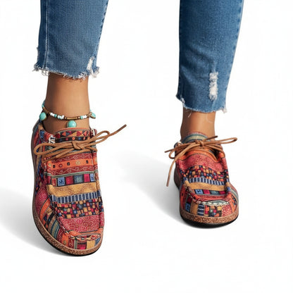 Femme Sneakers Orthopédiques à Lacets avec Imprimé Ethnique et Semelle Plateforme