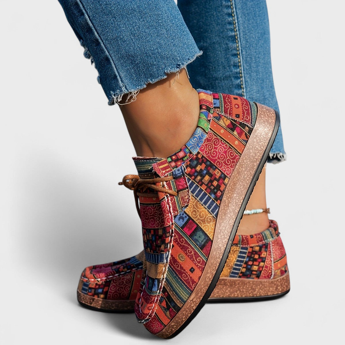 Femme Sneakers Orthopédiques à Lacets avec Imprimé Ethnique et Semelle Plateforme