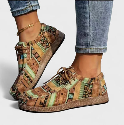 Femme Sneakers Orthopédiques à Lacets avec Imprimé Ethnique et Semelle Plateforme