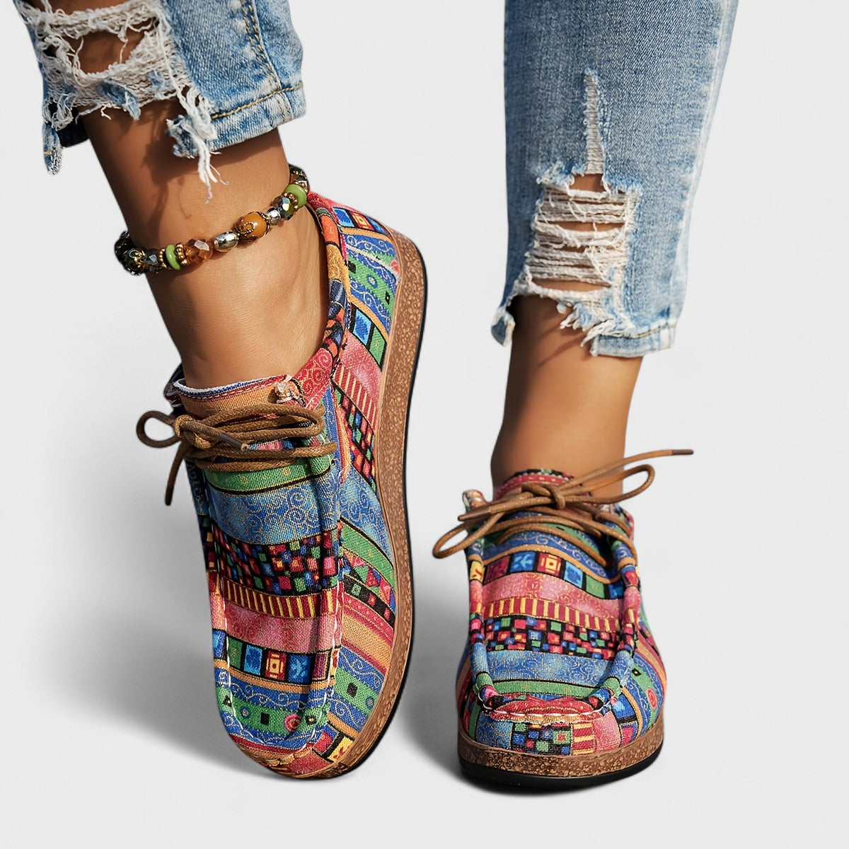 Femme Sneakers Orthopédiques à Lacets avec Imprimé Ethnique et Semelle Plateforme