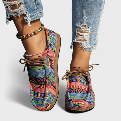 Femme Sneakers Orthopédiques à Lacets avec Imprimé Ethnique et Semelle Plateforme