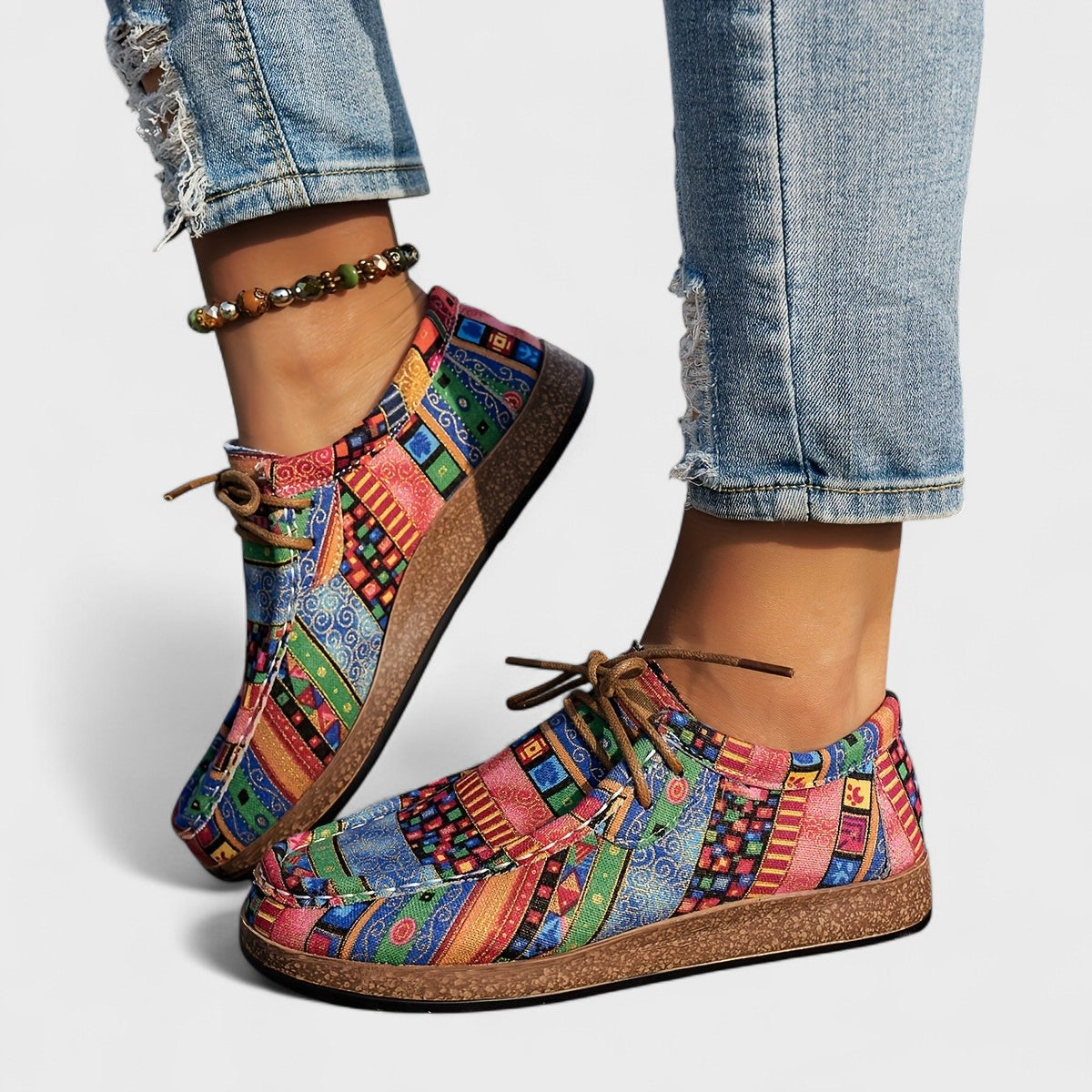 Femme Sneakers Orthopédiques à Lacets avec Imprimé Ethnique et Semelle Plateforme