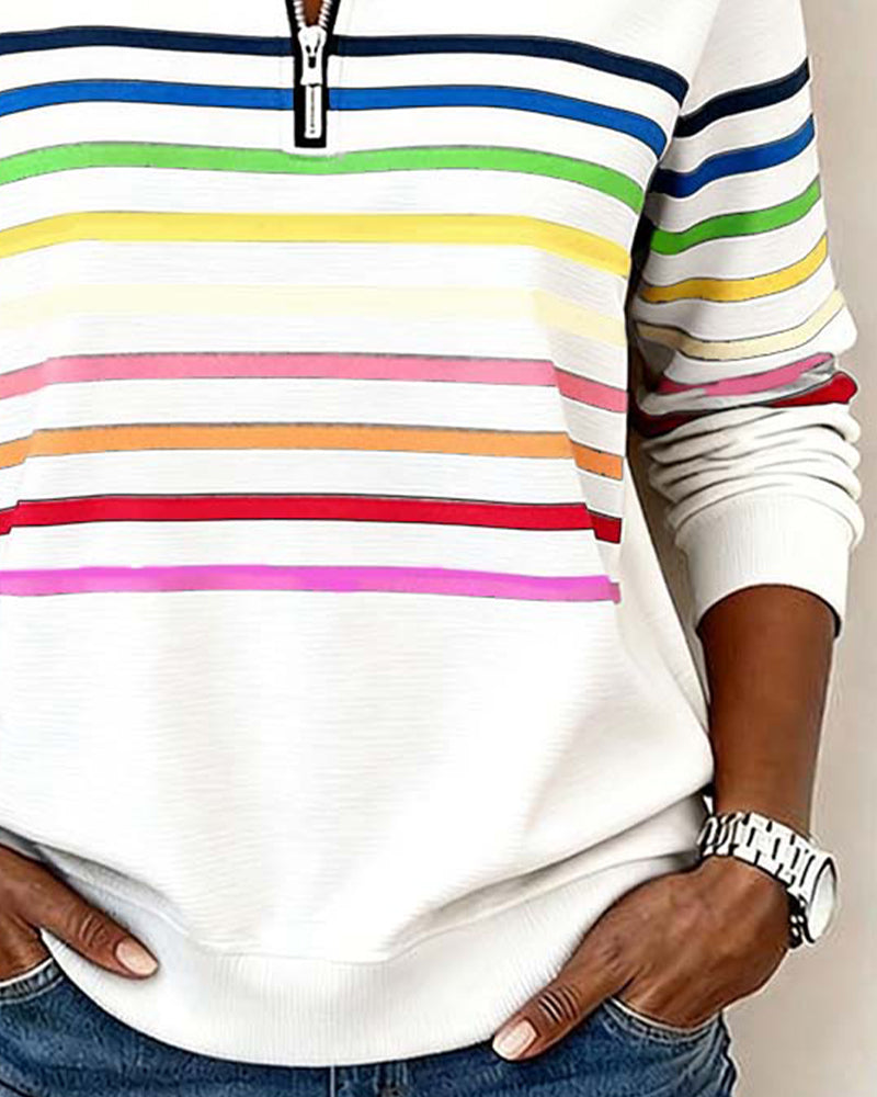Femme Sweatshirt Manches Longues à Rayures Colorées avec Col Zippé