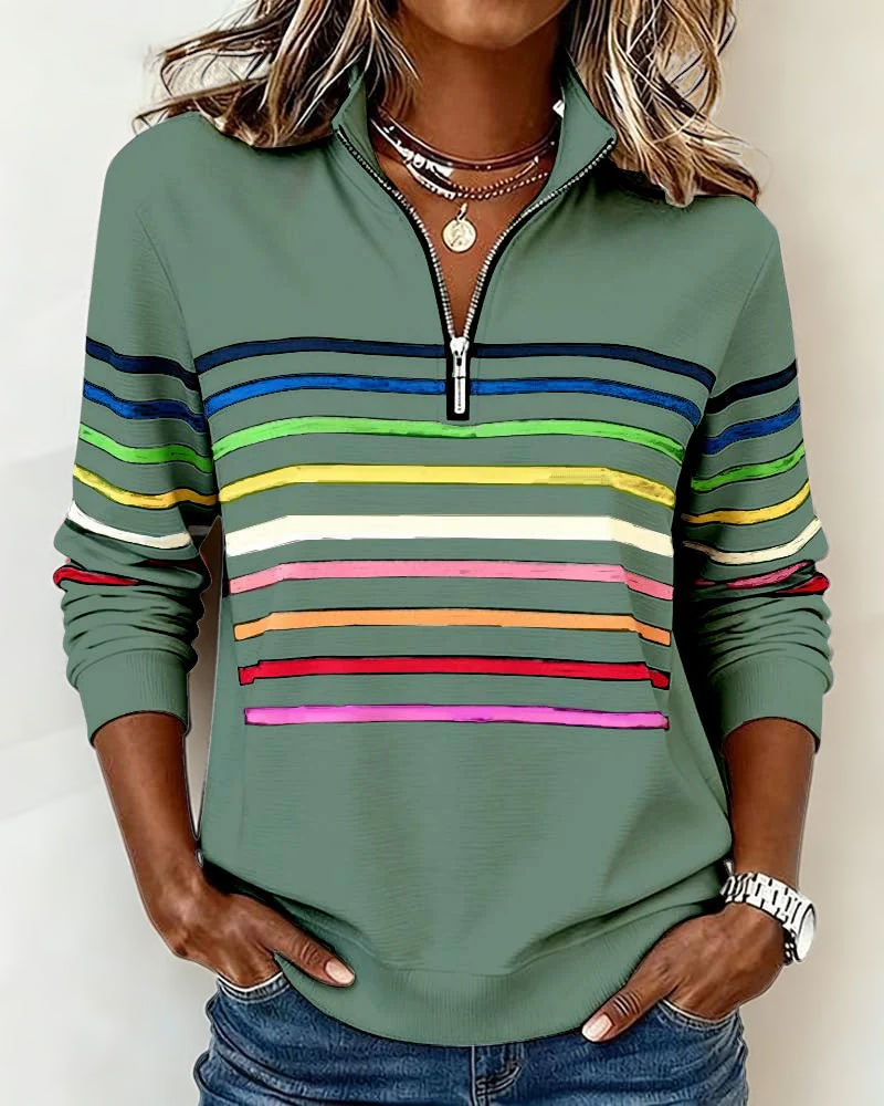 Femme Sweatshirt Manches Longues à Rayures Colorées avec Col Zippé