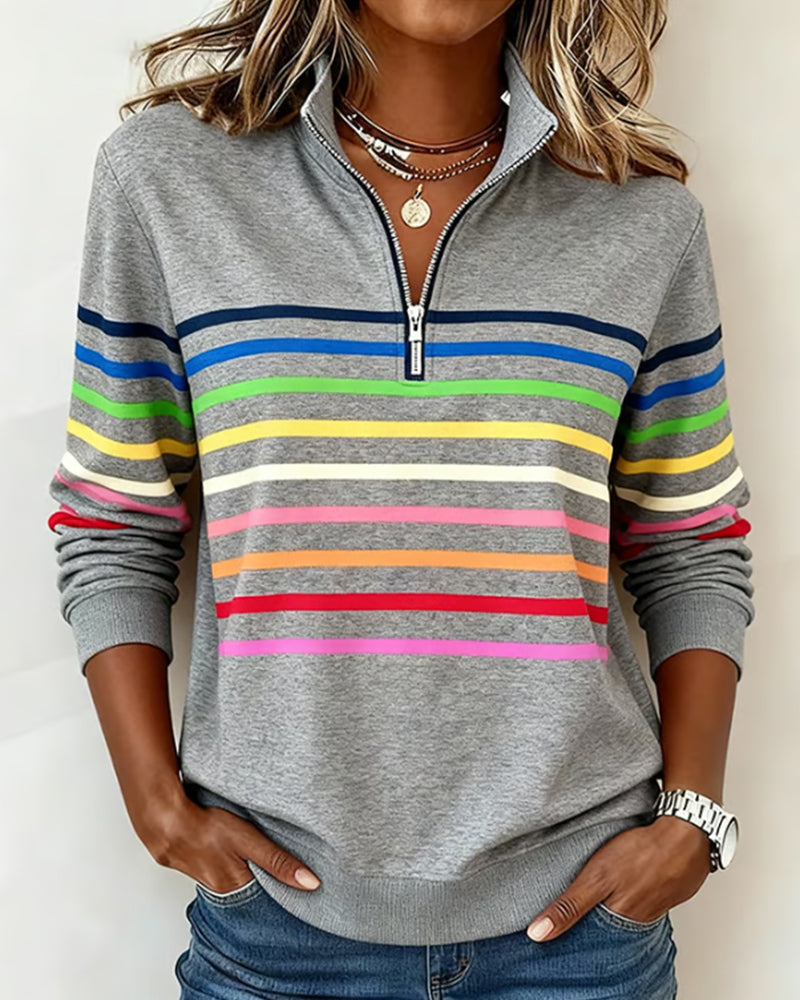 Femme Sweatshirt Manches Longues à Rayures Colorées avec Col Zippé