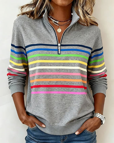 Femme Sweatshirt Manches Longues à Rayures Colorées avec Col Zippé