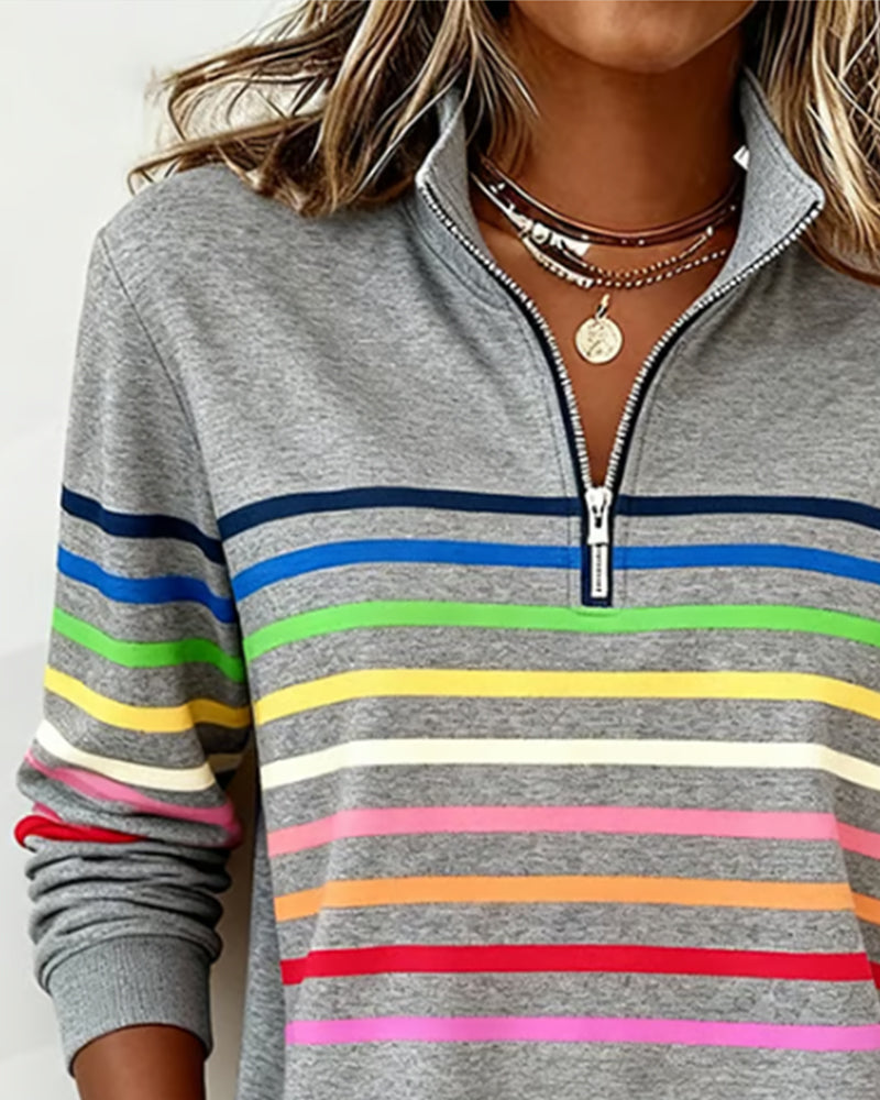 Femme Sweatshirt Manches Longues à Rayures Colorées avec Col Zippé