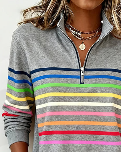 Femme Sweatshirt Manches Longues à Rayures Colorées avec Col Zippé