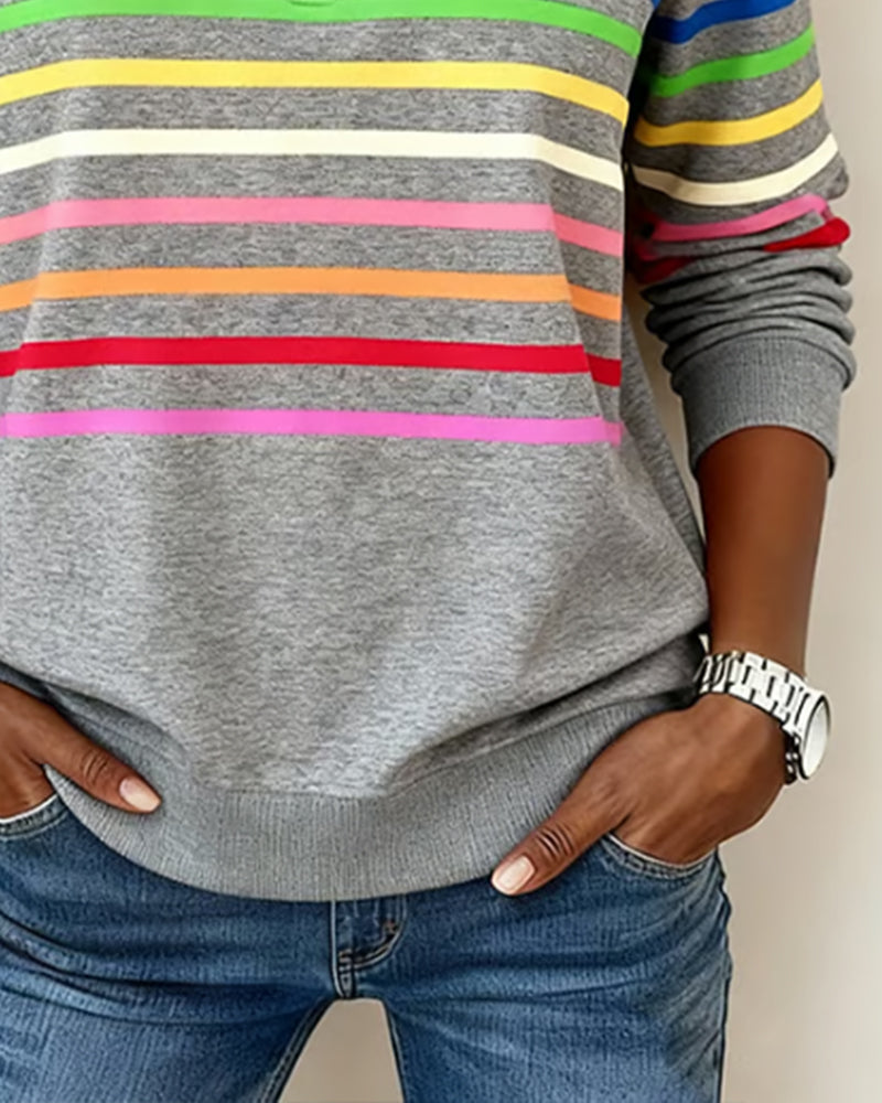 Femme Sweatshirt Manches Longues à Rayures Colorées avec Col Zippé