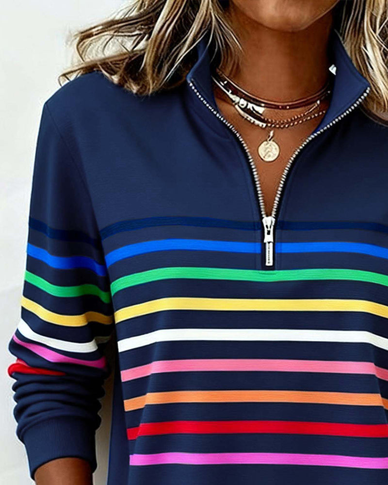 Femme Sweatshirt Manches Longues à Rayures Colorées avec Col Zippé