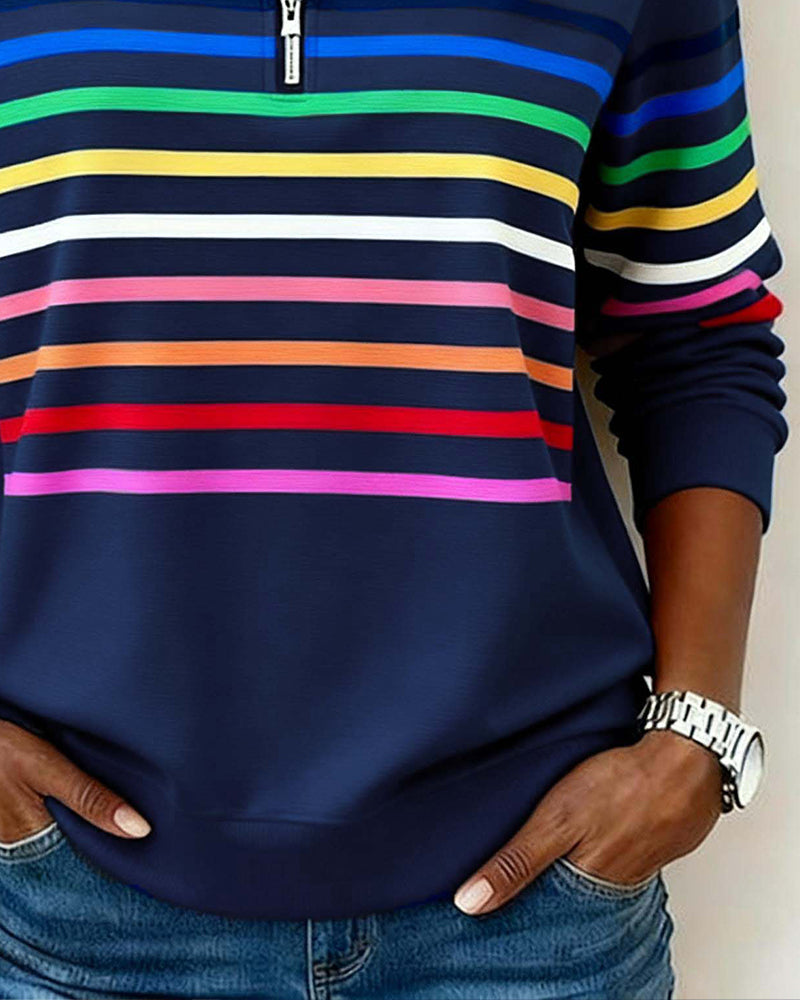 Femme Sweatshirt Manches Longues à Rayures Colorées avec Col Zippé