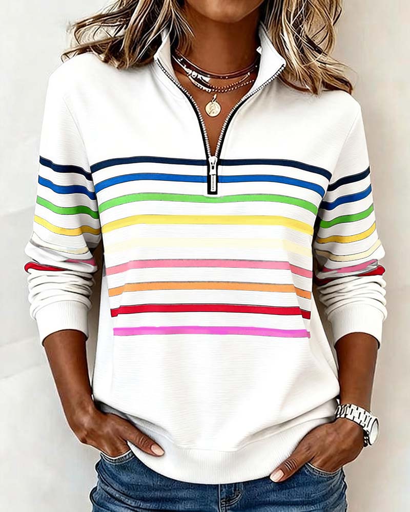 Femme Sweatshirt Manches Longues à Rayures Colorées avec Col Zippé