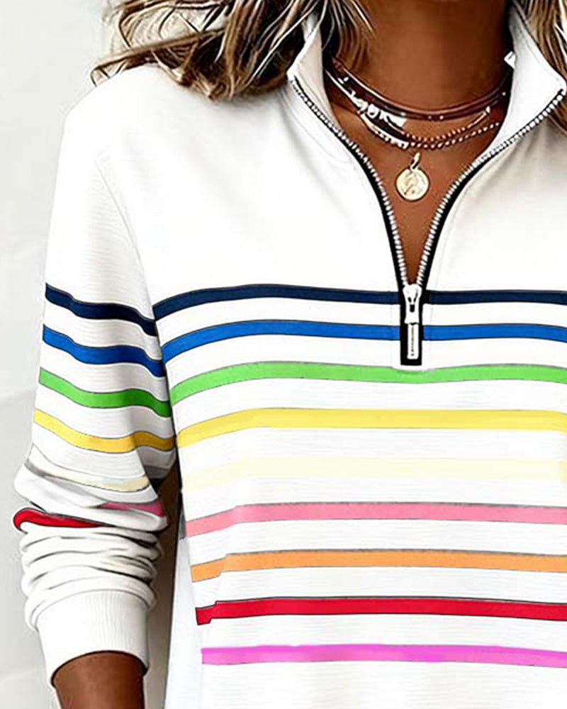Femme Sweatshirt Manches Longues à Rayures Colorées avec Col Zippé