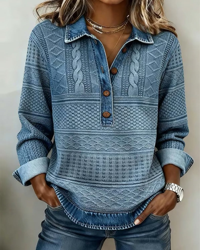 Femme Sweatshirt Manches Longues avec Col Polo et Boutonnage Demi