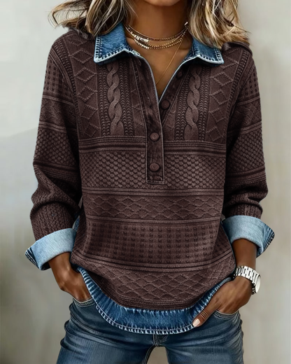 Femme Sweatshirt Manches Longues avec Col Polo et Boutonnage Demi